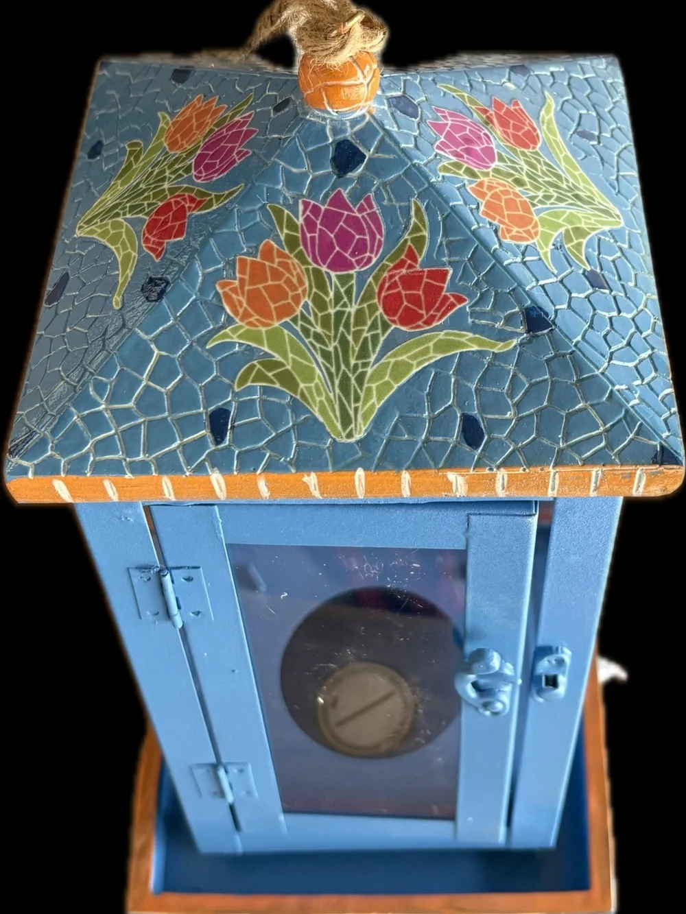 Handcrafted Blue Floral Mosaic Lantern - Decorative Home Accent Bird feeder.